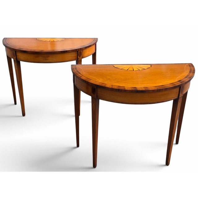 Pair of American Federal Revival Mahogany Demilune Console Tables With Satinwood Fan Inlay and Stringing, Mid-20th Century For Sale In Washington DC - Image 6 of 12