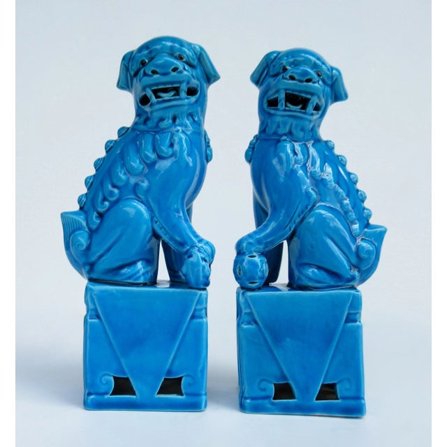 1980s Vintage C1970's-1980's Ceramic Glazed Peacock Cerulean Blue Foo Dogs -A Pair For Sale - Image 5 of 13