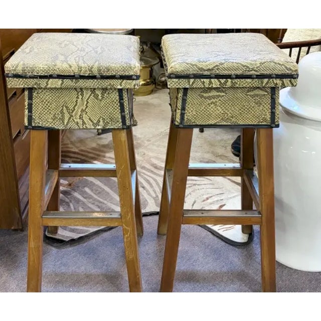 Mid Century Faux Snakeskin Upholstered Wood Stools - Signed and Dated 1971 For Sale - Image 9 of 15