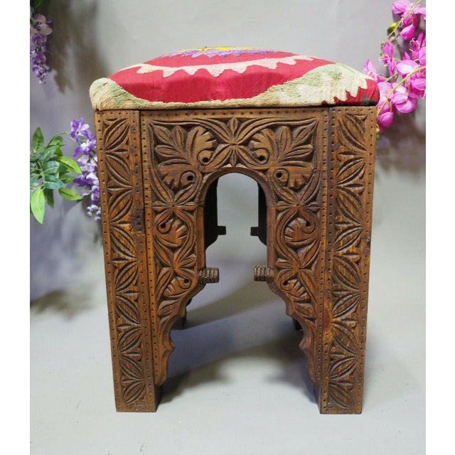 Vintage Hand-Carved Wooden Stoll Chair, Afghanistan For Sale - Image 4 of 14