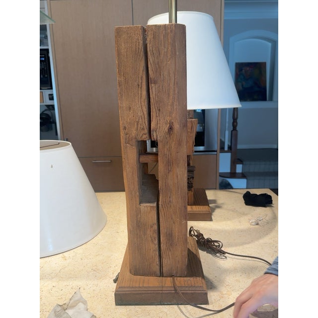Brown 1960s California Modern Sculptural Wood Lamps With/Leonard R. Foss Shades Palm Springs - a Pair For Sale - Image 8 of 12