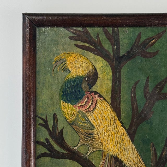 Art Nouveau Antique Folk Art Painting of a Bird in a Tree, Signed (Oil on Board) For Sale - Image 3 of 5