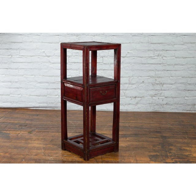 Chinese Late Qing Dynasty 1900s Tiered Table with Drawer and Fretwork Shelf For Sale - Image 9 of 12