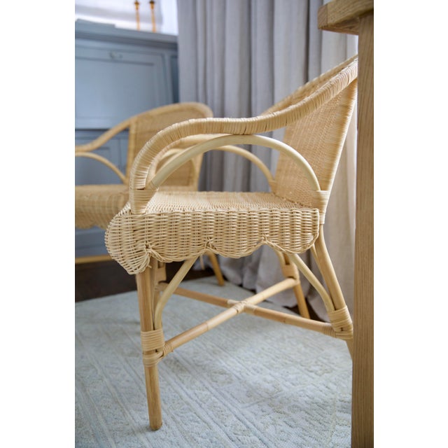 2020s Kathy Kuo Natural Rattan Scalloped Dining Arm Chair Set of 2 For Sale - Image 5 of 7