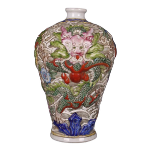 Chinese Vintage Ceramic Vase,Qing Dynasty Jiaqing Marked Famille Verte Porcelain Plum Vase Hand Carved Relief Dragon Pattern