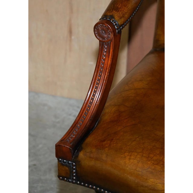 Brown Vintage Brown Leather Oak Framed Captains Directors Armchair For Sale - Image 8 of 17