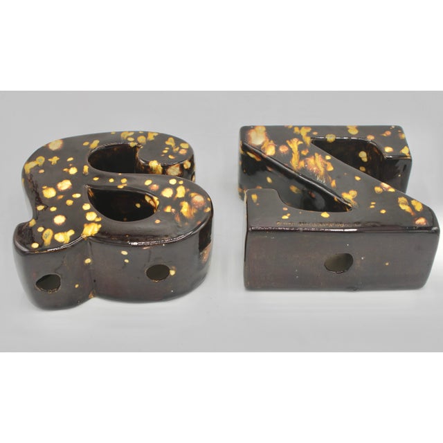 Brown Vintage Mid Century Modern A-Z Ceramic Block Letter Bookends For Sale - Image 8 of 12