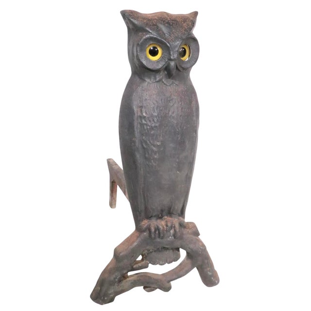 Metal Large Pair of Vintage Arts and Crafts Rustic Victorian Owl Andirons With Glass Eyes For Sale - Image 7 of 14