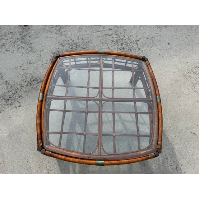 Henry Link Vintage Tortoise Bamboo Rattan Square Coffee Table With Glass Top For Sale - Image 4 of 12