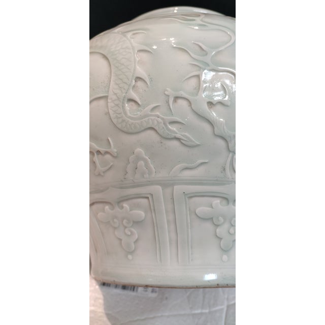 Ceramic Chinese Ceramic Pot White Glaze Porcelain Jar Hand Carved Dragon Pattern For Sale - Image 7 of 9