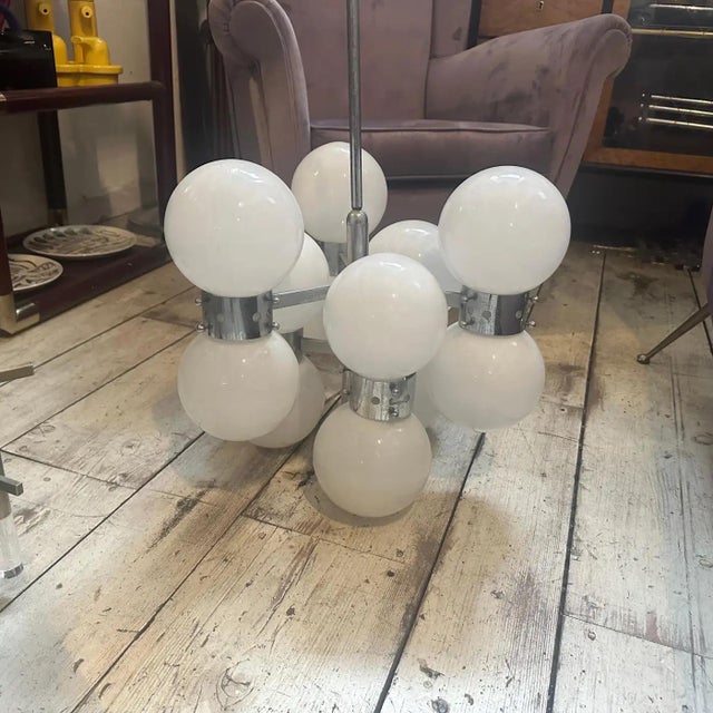 1960s Space Age Steel and Opaline Glass 10 Lights Italian Chandelier For Sale - Image 15 of 17