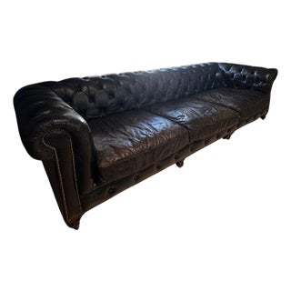 Restoration Hardware Kensington Ebony Leather Sofa With 44” Depth and Luxe Down Feather Fill For Sale