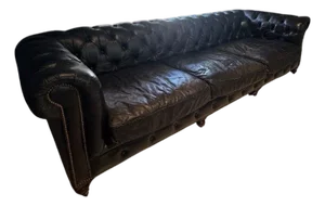 Restoration Hardware Kensington Ebony Leather Sofa With 44” Depth and Luxe Down Feather Fill