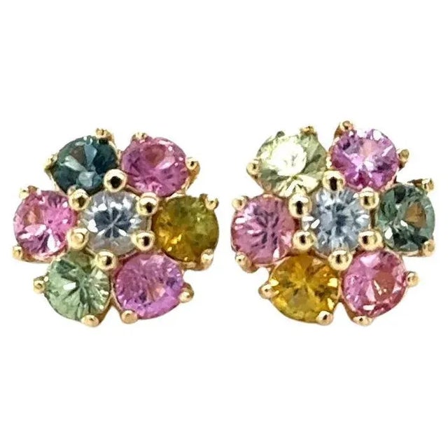 Cute, dainty earrings that are versatile and great for an everyday look! 3.20 Carat Round Cut Natural Multi-Color Sapphire...