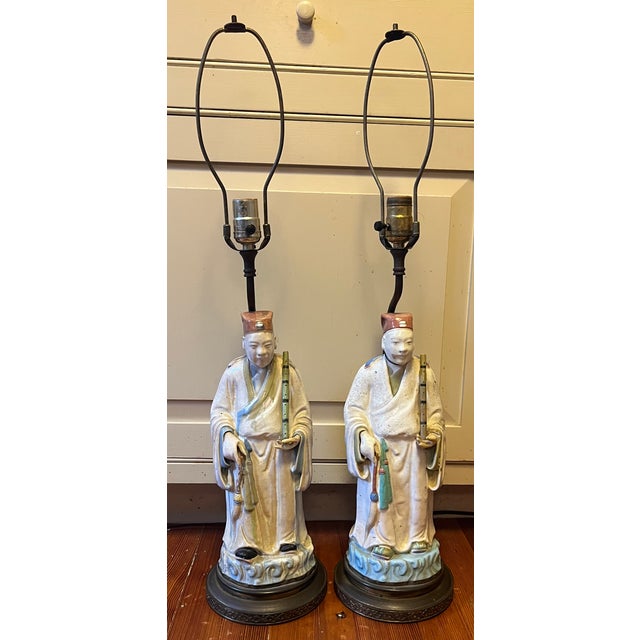 Chinoiserie Antique Early 20th Century Chinese Pottery Figures of Musician Attendants With Flutes Mounted as Table Lamps - A Pair For Sale - Image 3 of 9