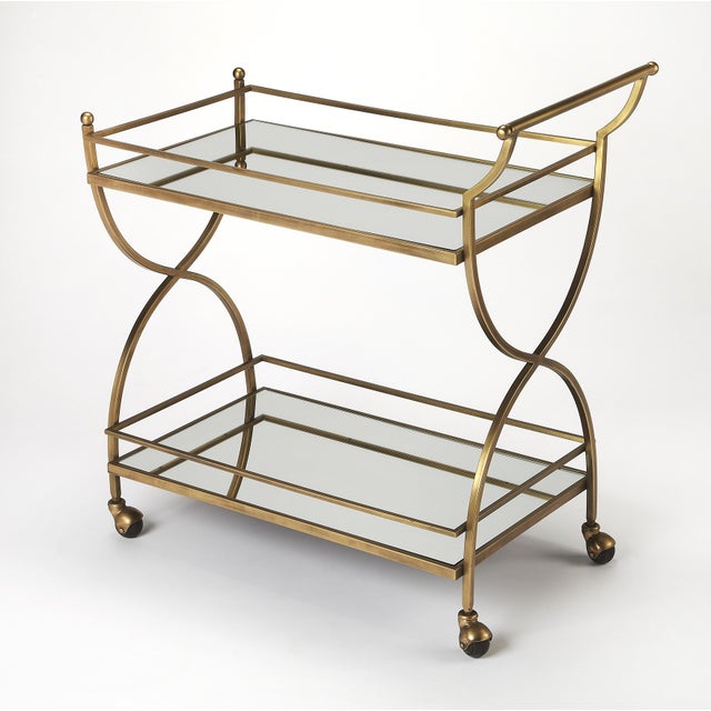 Spritely Home Accent Furniture Graci 38 in. W Rectangular Mirror and Metal Antique Mobile Bar Cart, Antique Gold For Sale - Image 4 of 4