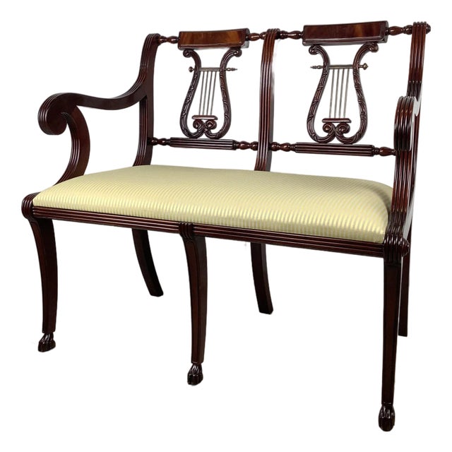 Federal Revival Mahogany Lyre-Back Settee- Neoclassical Bench For Sale
