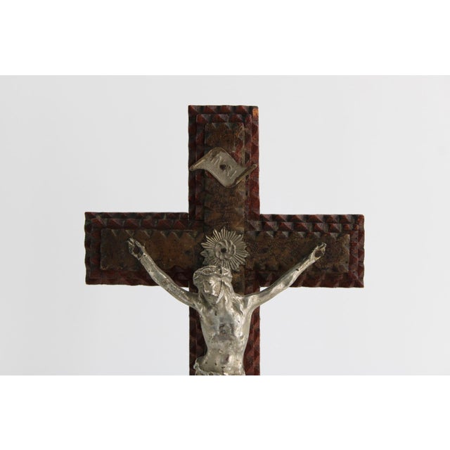 Folk Art Rare Antique French Tramp Art Standing Crucifix, Hand Carved Folk Art For Sale - Image 3 of 15