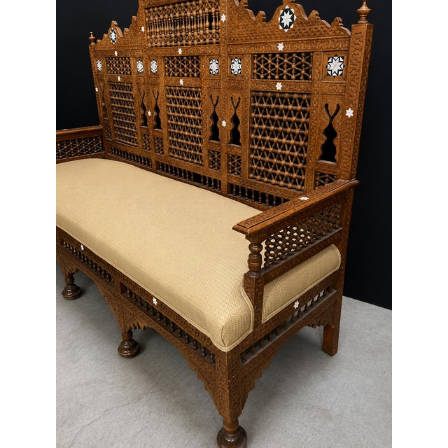 Early 20th Century Middle Eastern Carved Walnut Mashrabiya Settee, 1920s–1930s For Sale In Palm Springs - Image 6 of 14