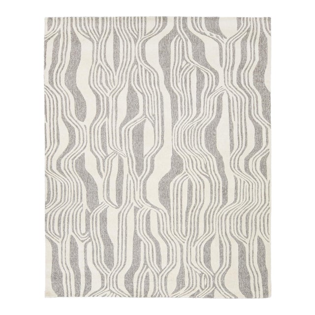 Modern Organic Wave Hand-Tufted Wool Rug – Neutral Ivory & Grey Abstract 8x10 For Sale