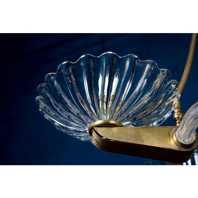 Glass Art Deco Brass Mounted Murano Glass Chandelier attributed to Barovier, 1940s For Sale - Image 7 of 8