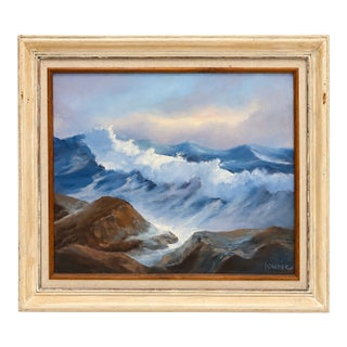 Ocean Seascape Crashing Waves- Vintage 1990s Signed Original Oil on Canvas Seascape in Wood Frame For Sale