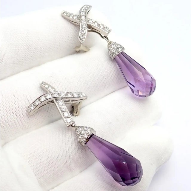 Tiffany and Co. 1980s Pair of Tiffany & Co Paloma Picasso X Drop Diamond Amethyst Night Day Platinum Earrings For Sale - Image 4 of 16