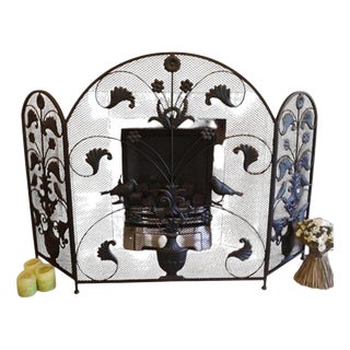 Metal Three-Panel Fireplace Screen with Bird and Floral Motifs For Sale