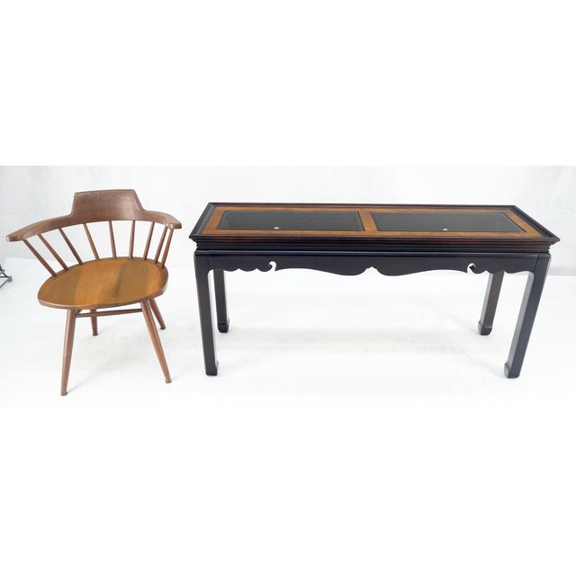 Asian Style Burlwood Top Black Lacquer Tinted Glass Rectangle Sofa Console Table For Sale - Image 10 of 10