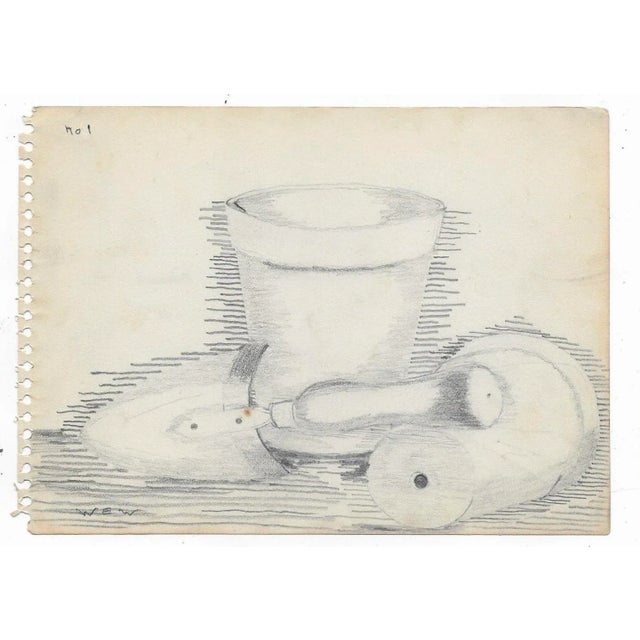 1943 drawing by Devon artist William Wood of a spade and flower pots. Signed lower left. Combined shipping available,...