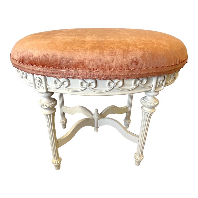 Vintage French Oval Vanity Stool With New Velvet Upholstery For Sale
