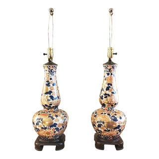 19th Century Meiji Period Imari Porcelain Double Gourd Floral Gilt Vase Lamps - a Pair For Sale