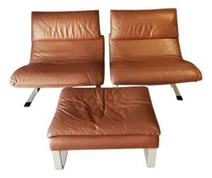 Leather Chairs and Pouf by Giovanni Offredi for Saporiti, 1970, Set of 3