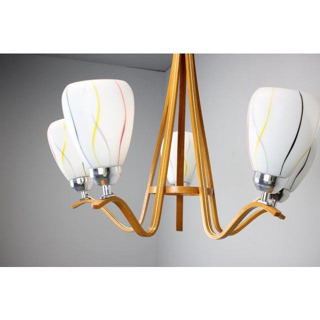 Gold Mid-Century Wooden Chandelier with Glass Shades, Czechoslovakia, 1970s For Sale - Image 8 of 14