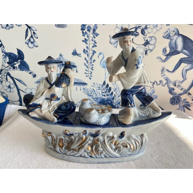 Vintage Blue & White Porcelain Chinese Fishermen in Boat For Sale - Image 4 of 11