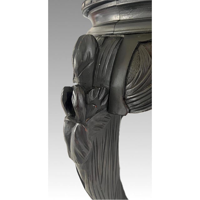 Antique Japanese Iris Pedestal / Plant Stand, Ebonised Carved Black Wood Side Table For Sale - Image 11 of 16