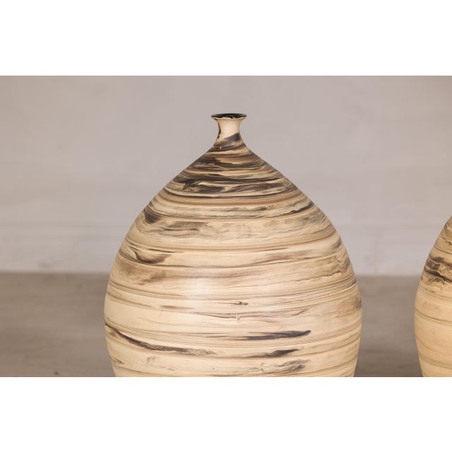 Mid-Century Modern Late 20th Century Large Artisan Ceramic Floor Vases with Cream and Brown Swirled Glaze (Sold Each) For Sale - Image 3 of 18