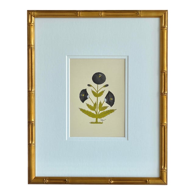 Hand-Painted Jaipuri Black Floral Motif Painting. Framed For Sale