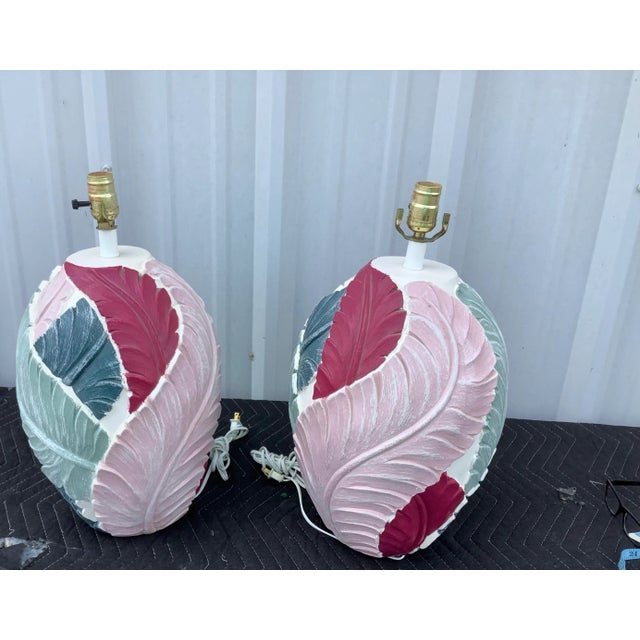 Vintage Palm Beach Regency Banana Leaves Table Lamps (A Pair) The overall condition is good with only minor acceptable age...