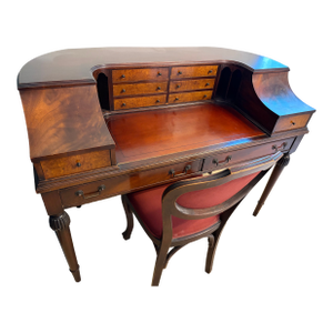 Carlton House Style Mahogany Writing Desk and Chair Early 1900s Colonial Manufacturing