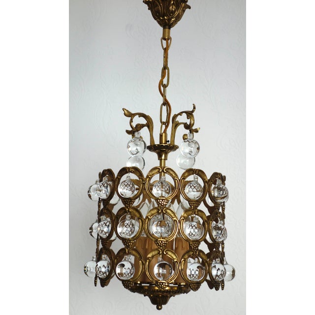 Antique French Brass and Crystal Ball 4-Light Chandelier, 1930s For Sale - Image 15 of 18