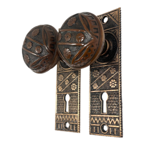 1880s Antique American Bronze Door Knobs With Door Plates - 5 Pieces