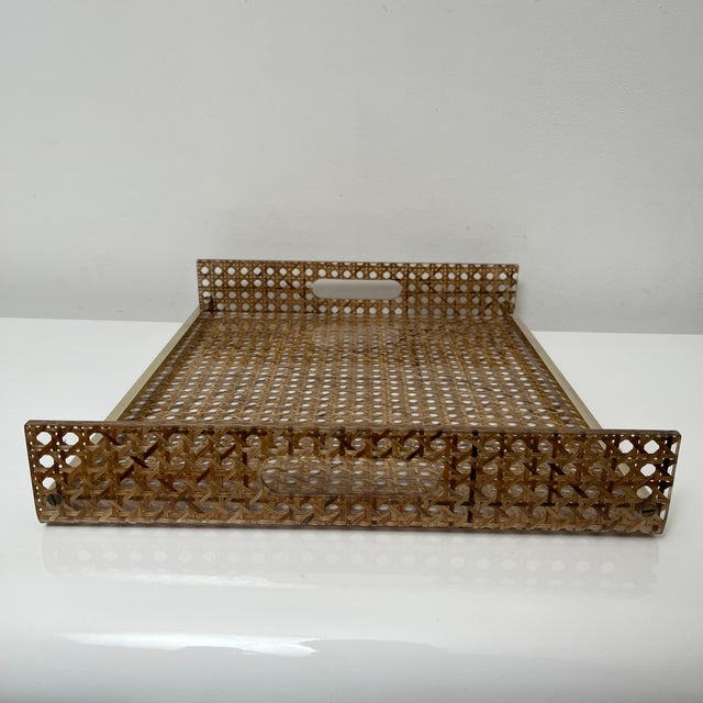 Tan Serving Tray in Acrylic Glass, Cannage & Brass in the style of Christian Dior for Christian Dior For Sale - Image 8 of 14