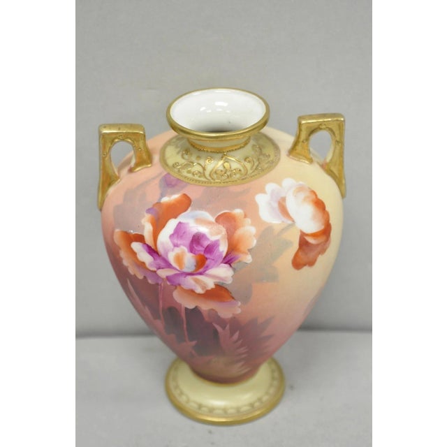 Art Nouveau Antique Nippon Hand Painted Porcelain Small Pink Floral Vase W Gold Twin Handles For Sale - Image 3 of 12
