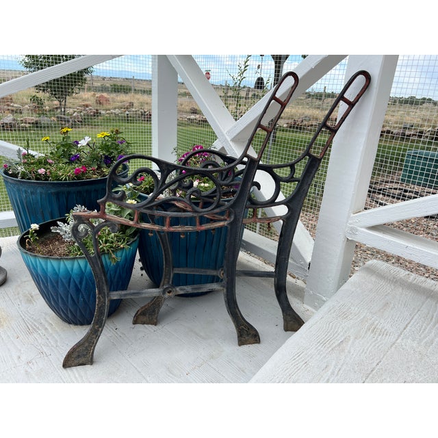Victorian Antique Cast Iron Park Bench Ends With Scrollwork 27.25" Small Garden Bench Side Legs Set of 2 Worn For Sale - Image 3 of 13
