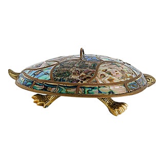 Mexican 1960s Mid-Century Abalone Shell Brass Turtle Dish W/ Cover For Sale