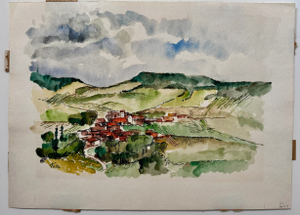 Henry Emil Salloch Original Watercolor on Paper Panoramic Valley Landscape, 1972.