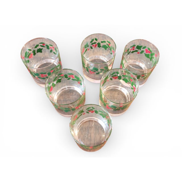 Traditional Set 6 Christmas Themed Holly Berry Holiday Glass Old Fashioned Rocks Glasses ~ Crate & Barrel For Sale - Image 3 of 7