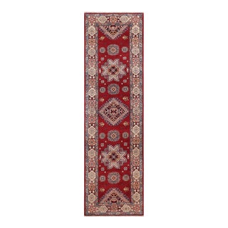 Rustic Super Kazak Red/Beige Wool Runner Rug- 2'7'' X 9'6'' For Sale