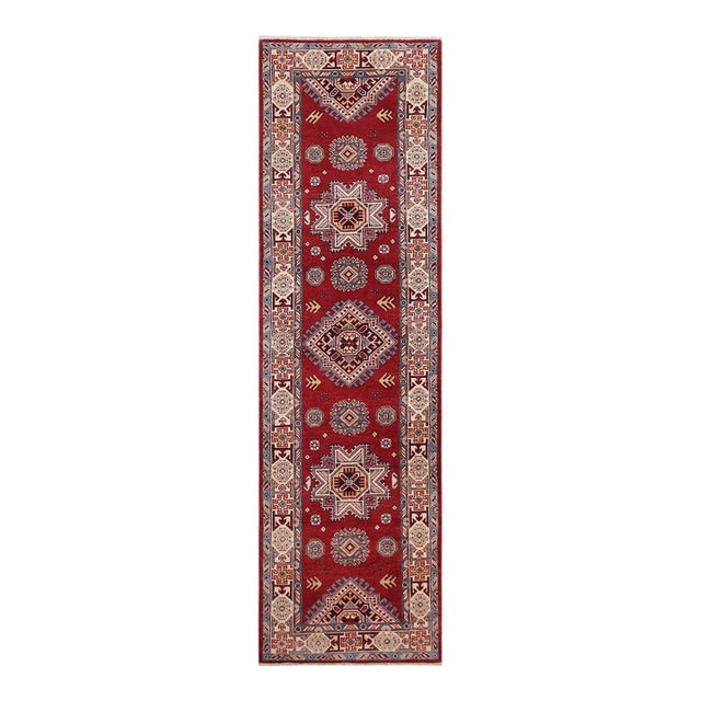 Rustic Super Kazak Red/Beige Wool Runner Rug- 2'7'' X 9'6'' For Sale